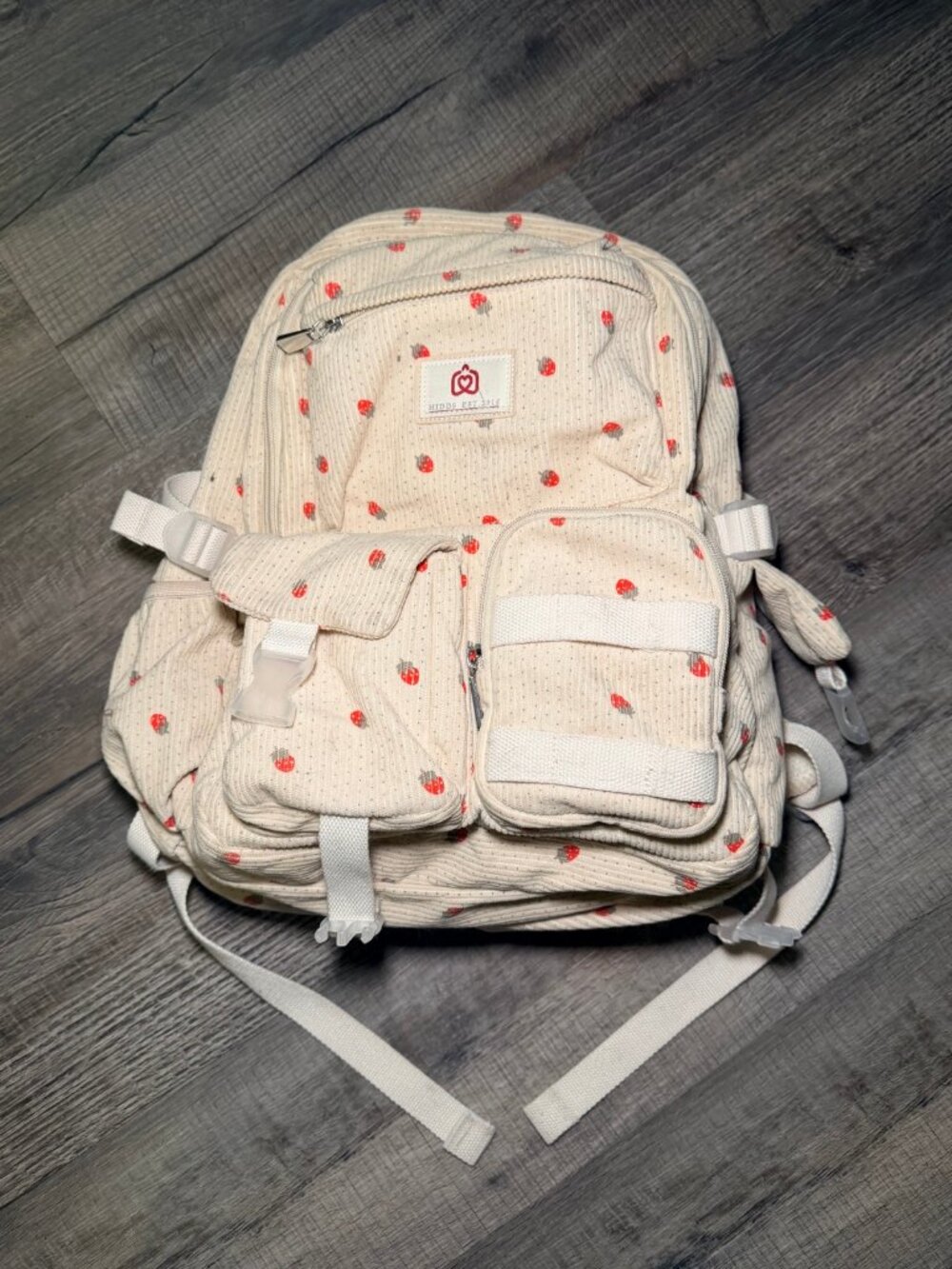 Strawberry Corduroy Backpack Cream Multi Pocket School Travel Bag Kawaii